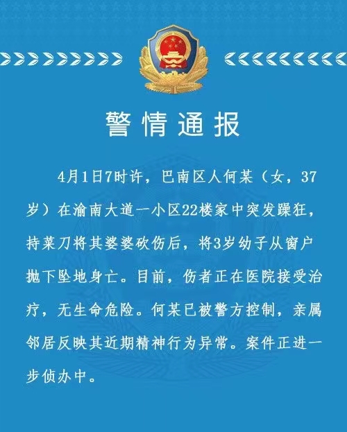 重庆一女子将3岁幼子从22楼抛下身亡